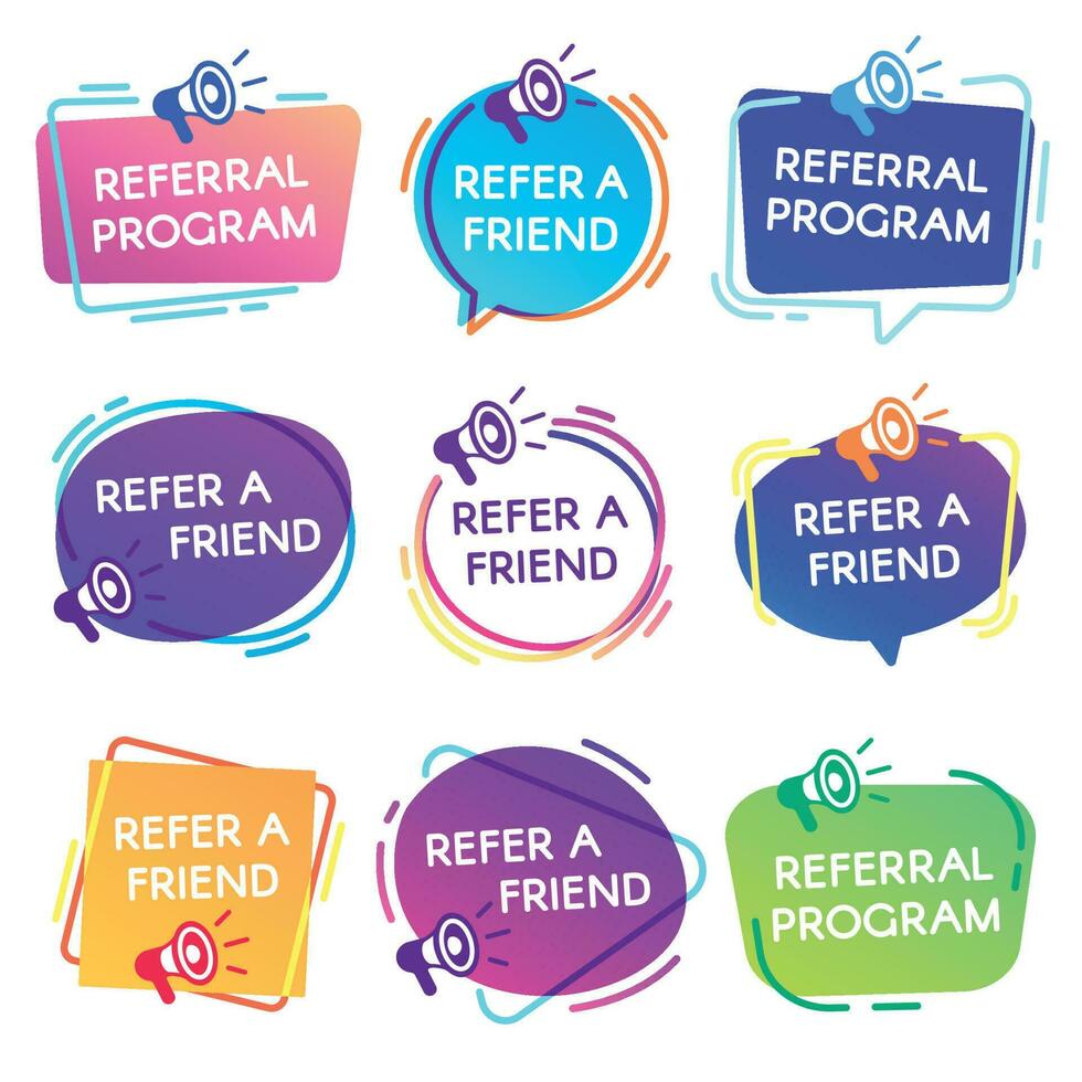 Refer friend badges. Referral program badge, salesperson megaphone marketing sticker and refer friends shopping label vector set