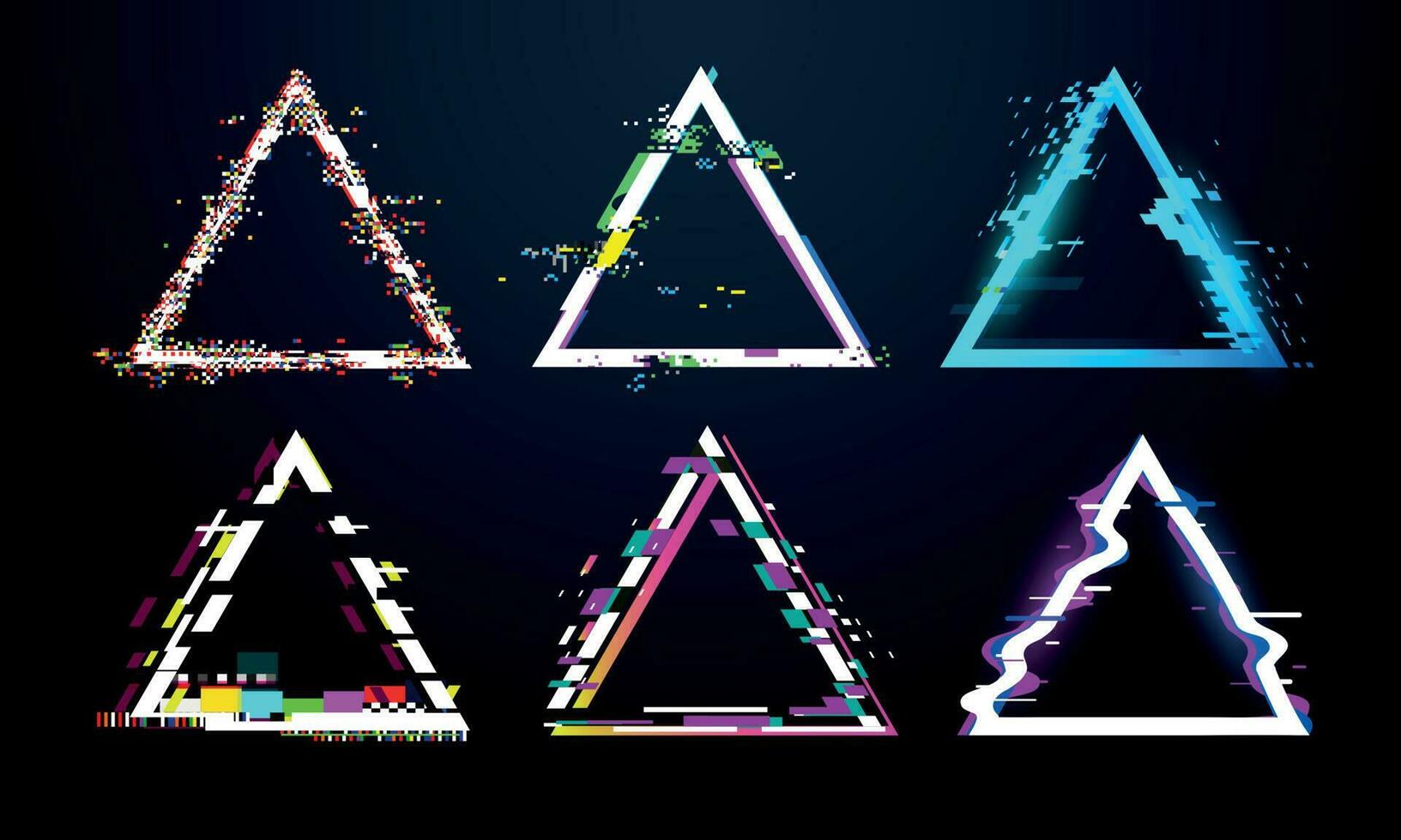 Glitch triangle frame. Distorted tv screen, flaw light bug effects on defect glitched triangles. Distortion glitches frames vector set