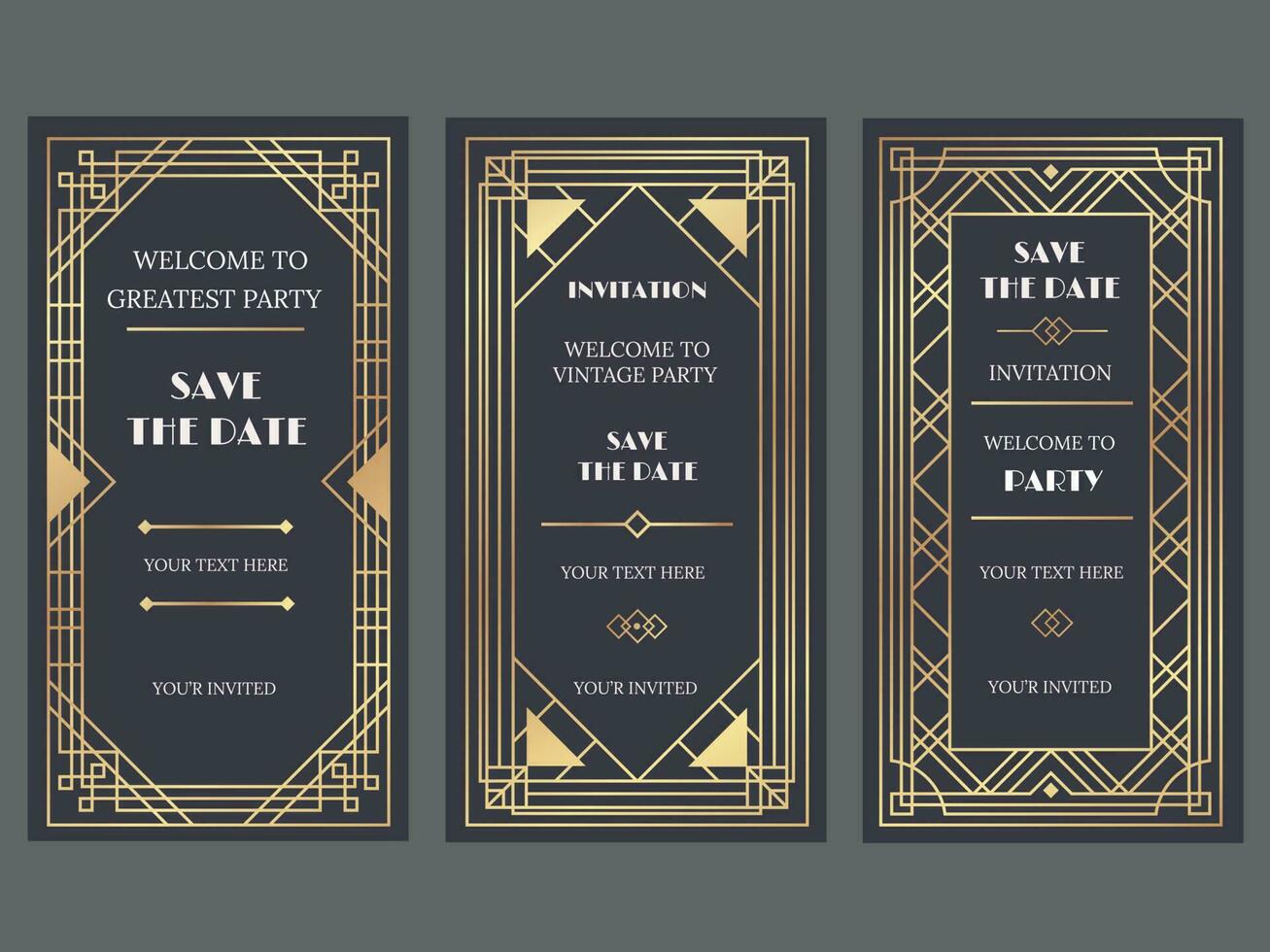 Art deco art banner. Fancy party event invitation, glamour golden retro vogue pattern and gold frames vector banners illustration set