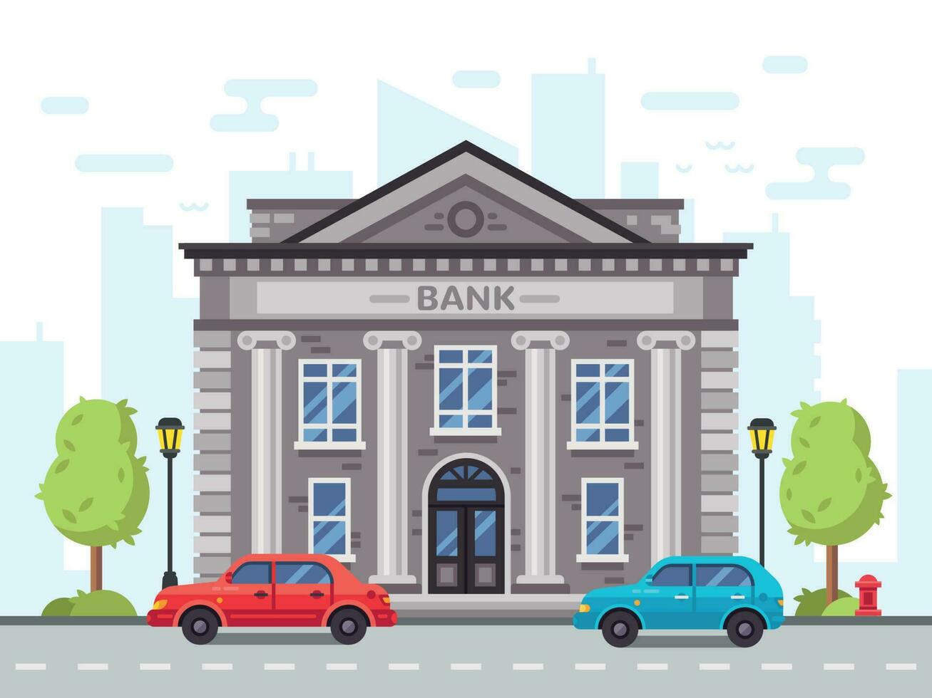 Cartoon bank or government building with roman columns. Money loan house vector illustration