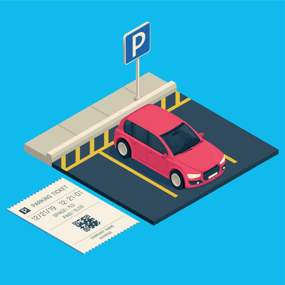 Isometric transport parking. Entrance parking space ticket, city urban car garage vector illustration