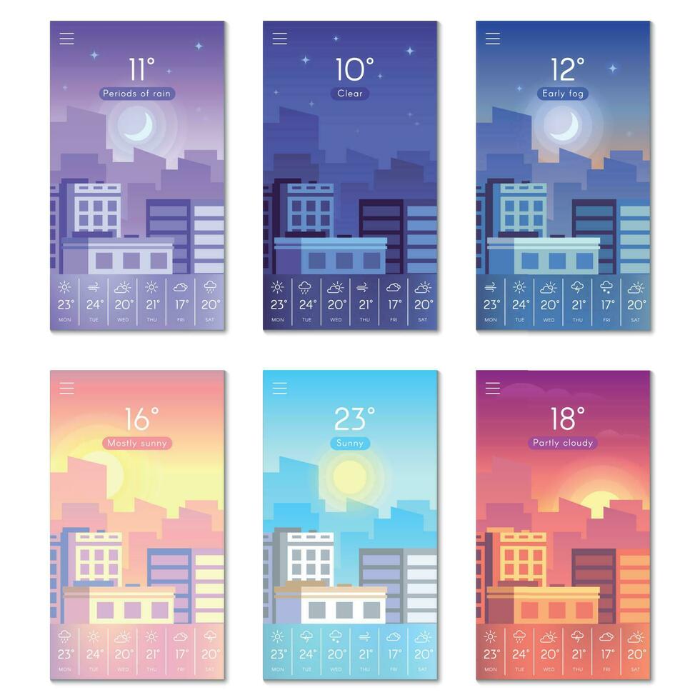 día y noche. dibujos animados tiempo de día teléfono fondo de pantalla con ciudad edificios, sol, Luna y estrellas cielo. teléfono inteligente pantalla clima vector fondo
