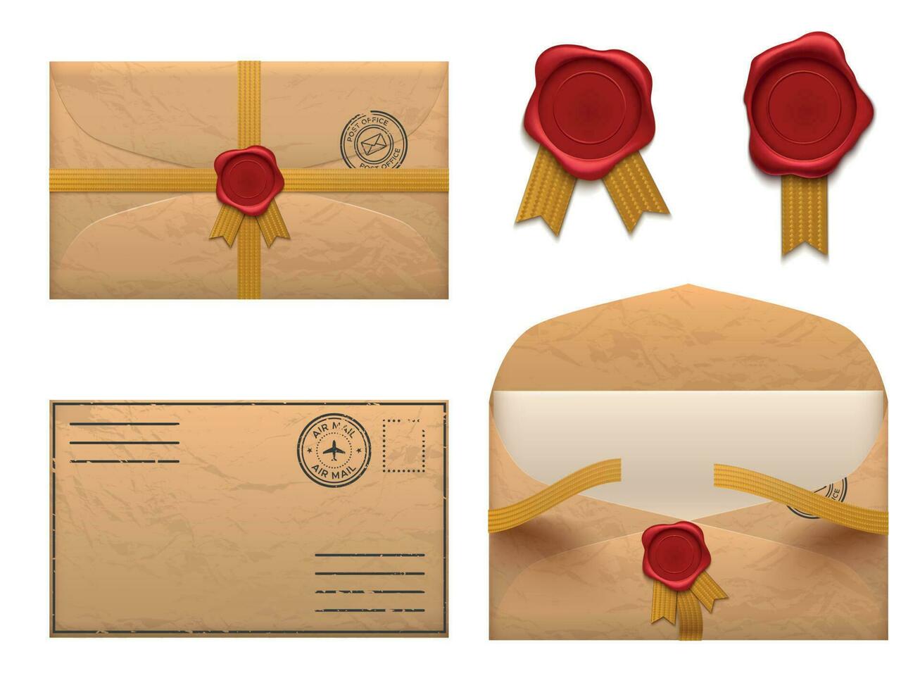 Vintage envelope. Retro envelopes letter with wax seal stamp, old mail delivery vector set