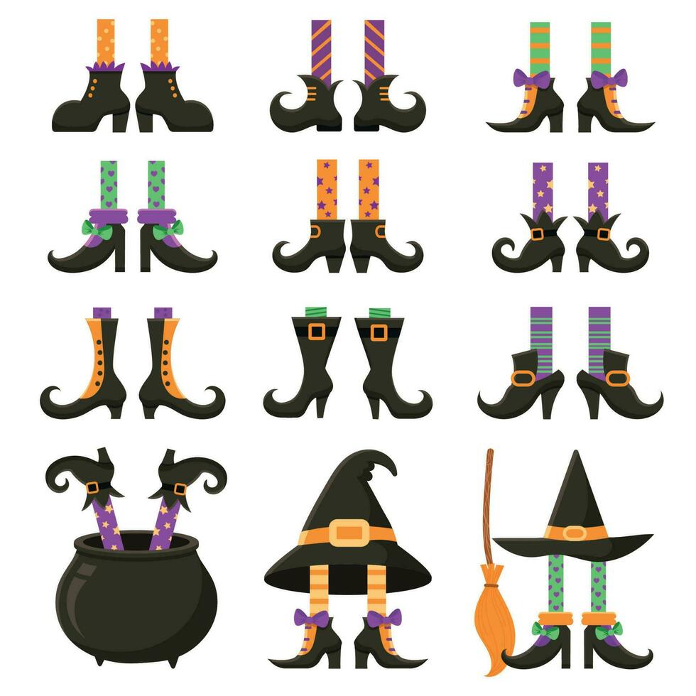 Scary witch legs. Halloween witches leg stockings and striped dress. Vintage witchcraft cauldron and feet boots cartoon vector set