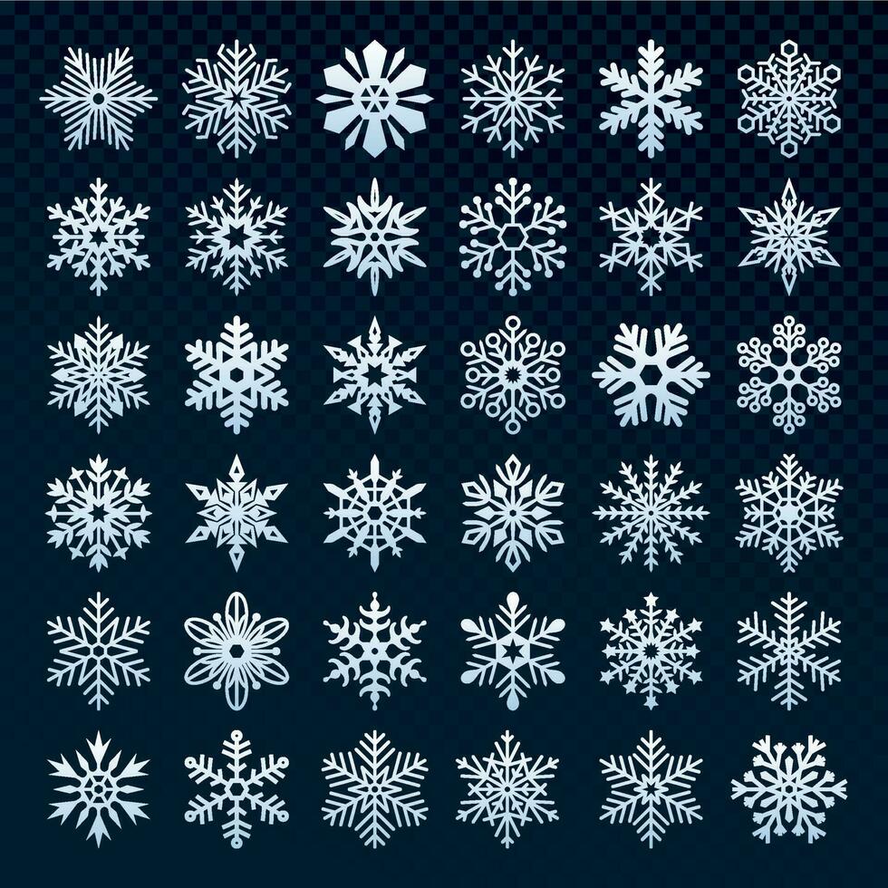 Snowflakes silhouette. Winter snow symbol, ice snowfall and cold snowflake isolated vector icon set