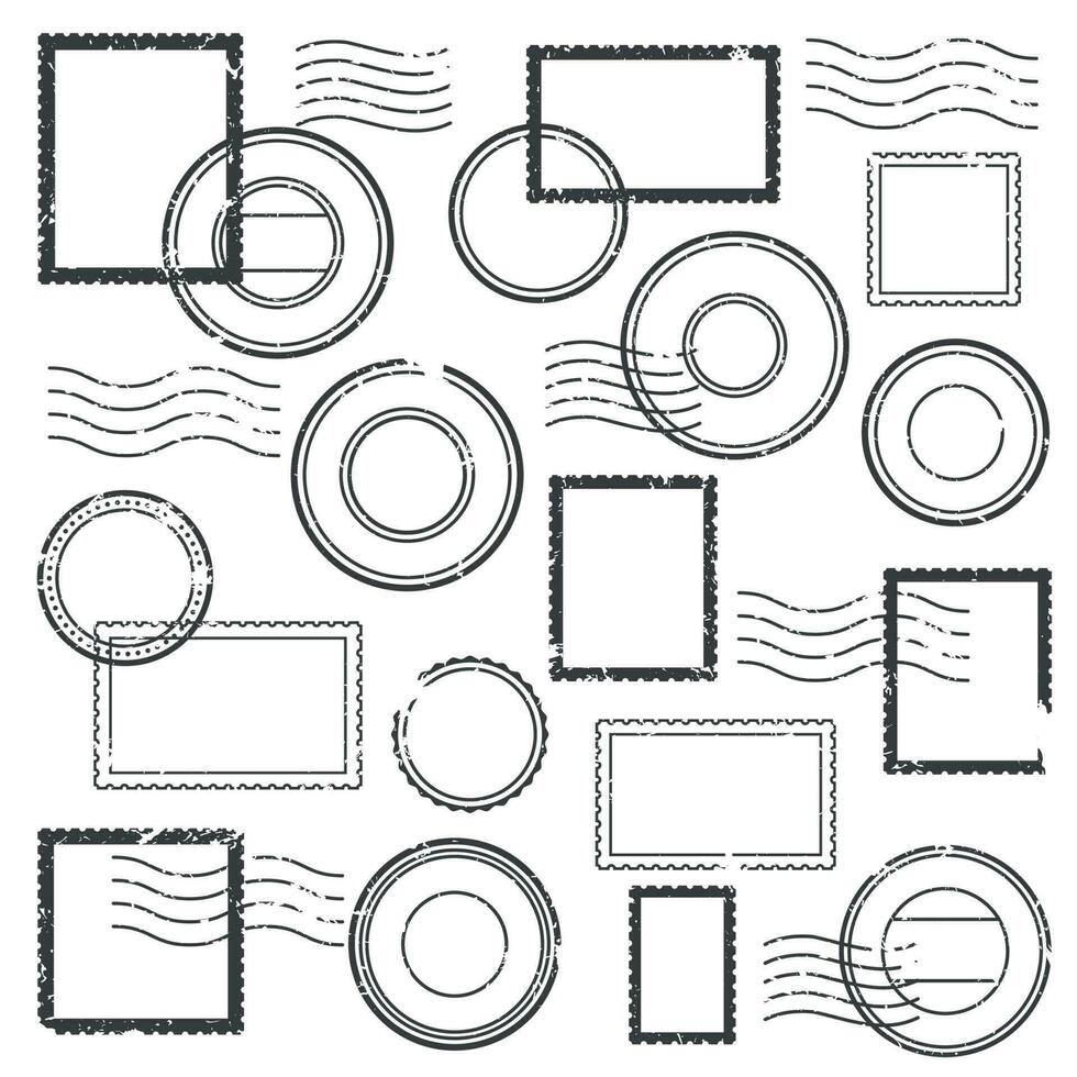 Vintage postmark cachet, postal watermark, post stamp mark and travel stamps for envelope isolated vector label set