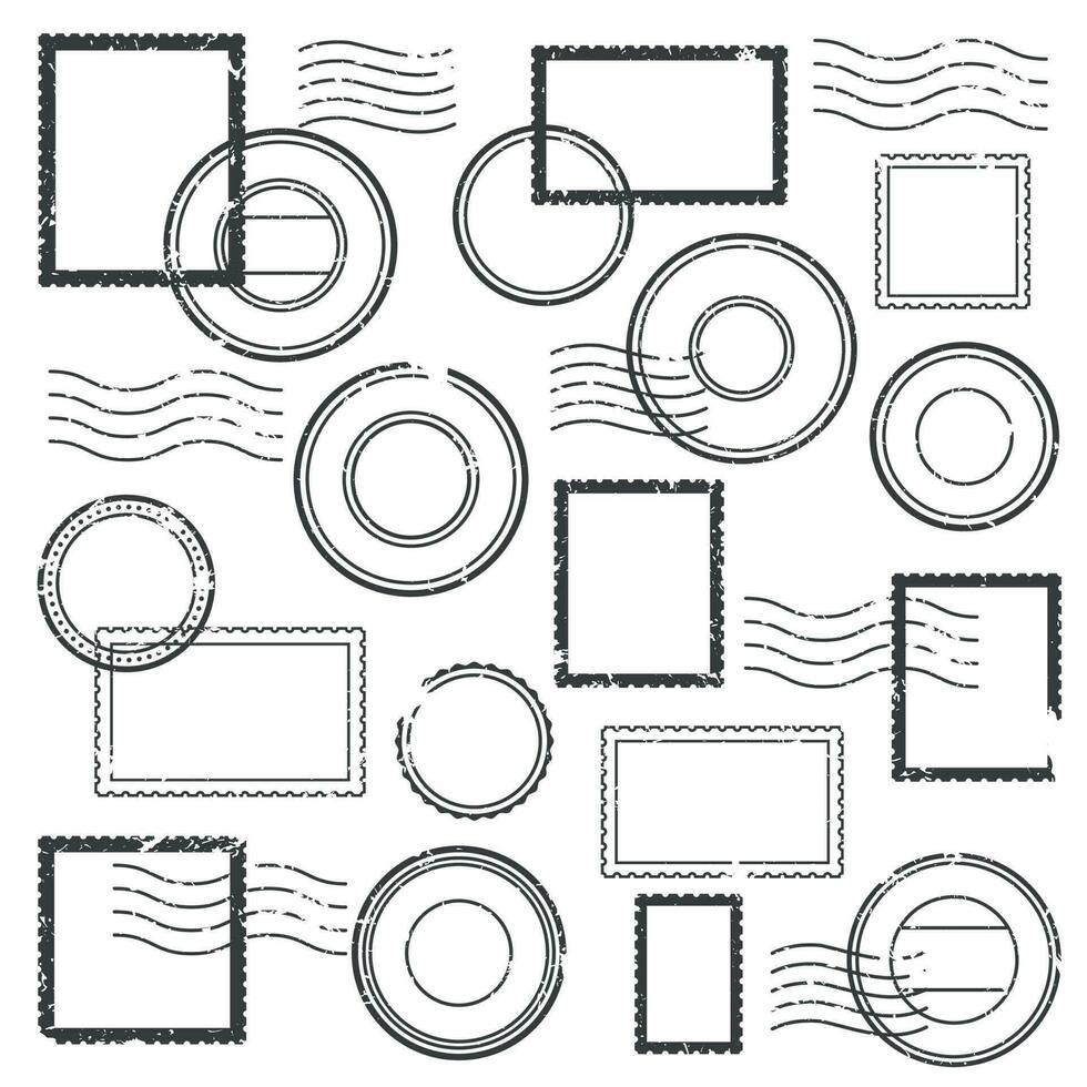 Clásico matasellos caché, postal filigrana, enviar sello marca y viaje sellos para sobre aislado vector etiqueta conjunto