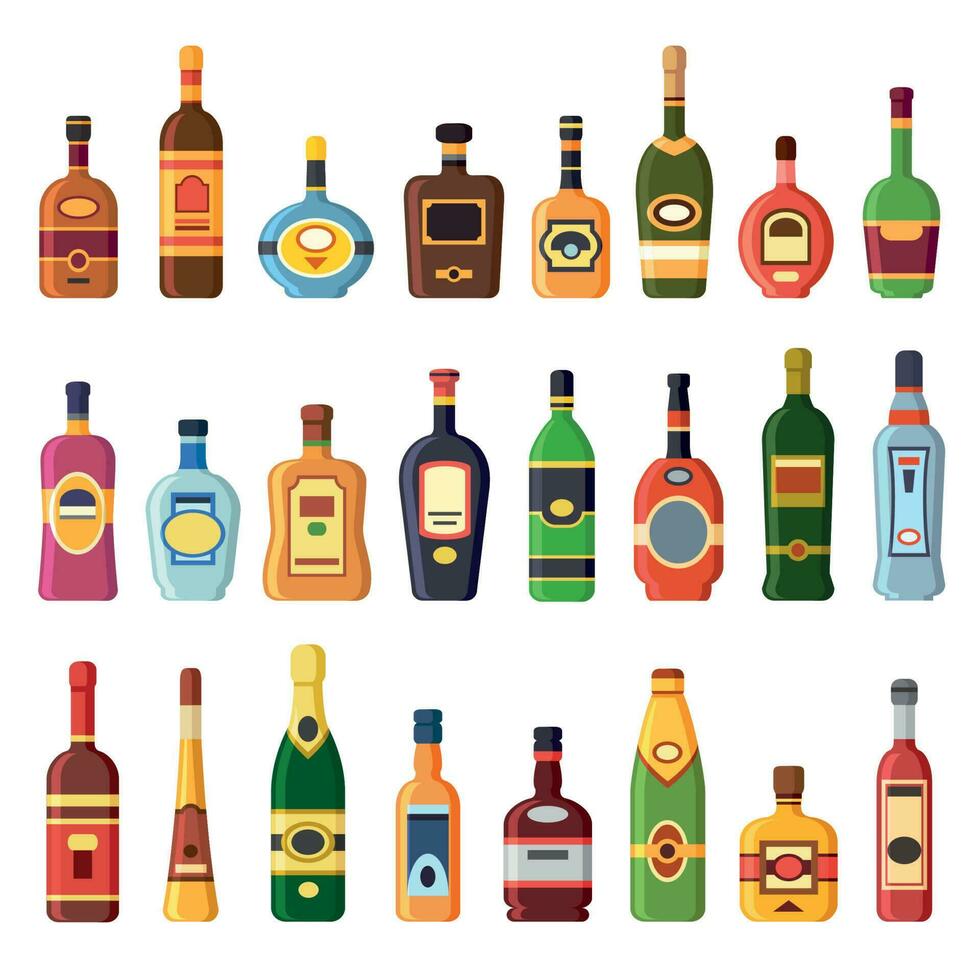 Alcohol bottles. Alcoholic liquor drink bottle with vodka, cognac and liqueur. Whisky, rum or brandy liquors isolated flat icons set vector