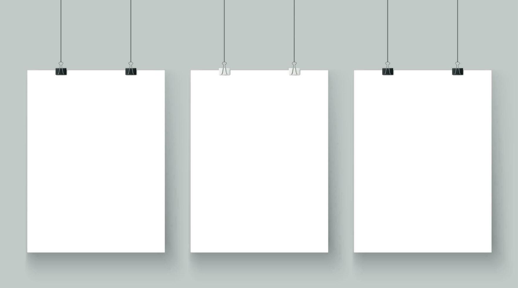 Empty affiche mockup hanging on paper clips. White blank advertising poster template casts shadow on gray background vector illustration