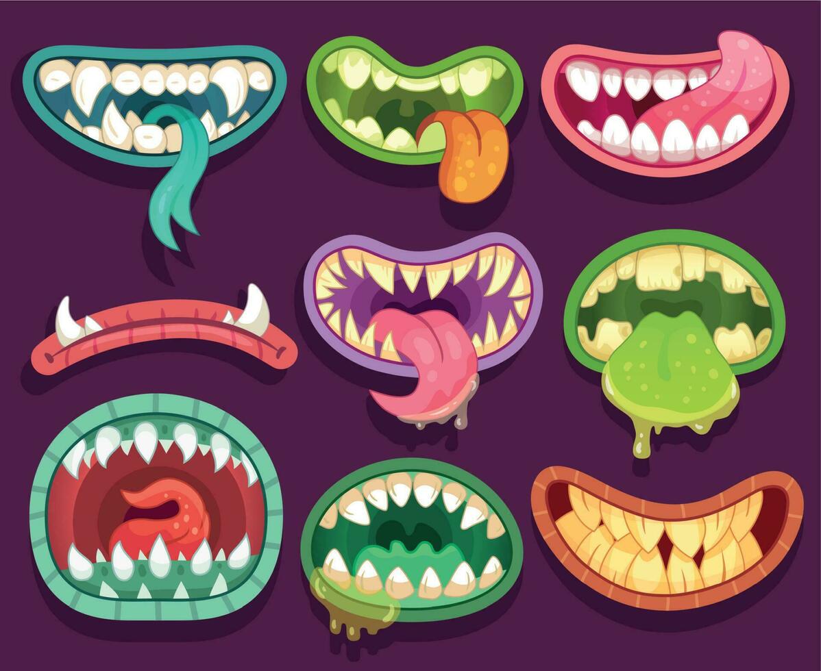 monstruos bocas Víspera de Todos los Santos de miedo monstruo dientes y lengua en boca. gracioso mandíbulas y loco fauces de extraño criaturas dibujos animados vector conjunto