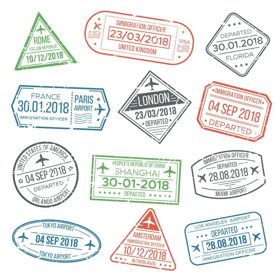 Visa travel cachet passport signs or airport stamps with framing country. Vintage international airport stamp and postmark template vector set