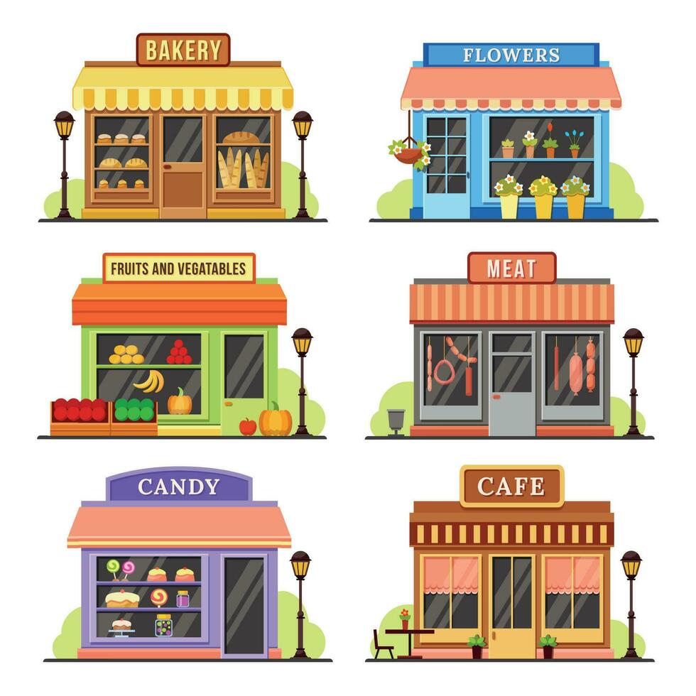 Flat store. Modern shop, boutique shopfront and restaurant facade design. Shopping stores cartoon illustration set vector