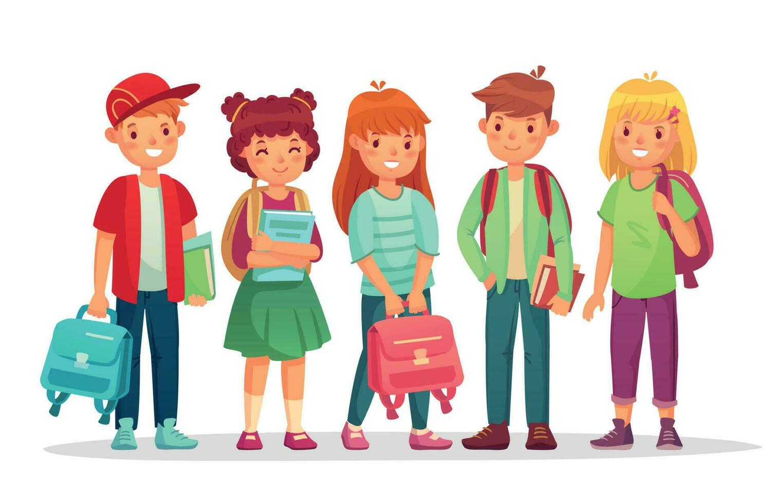 Group teen pupils. School boys and girls teens students with backpack and books. Kids pupil learning together vector illustration