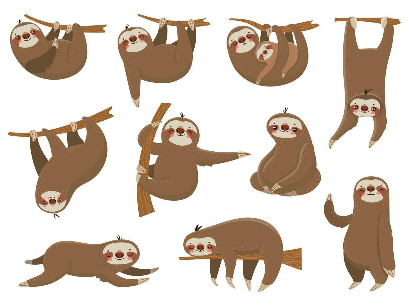 Cute cartoon sloths. Adorable rainforest animals, mother and baby on branch, funny sloth animal sleeping on jungle tree vector set