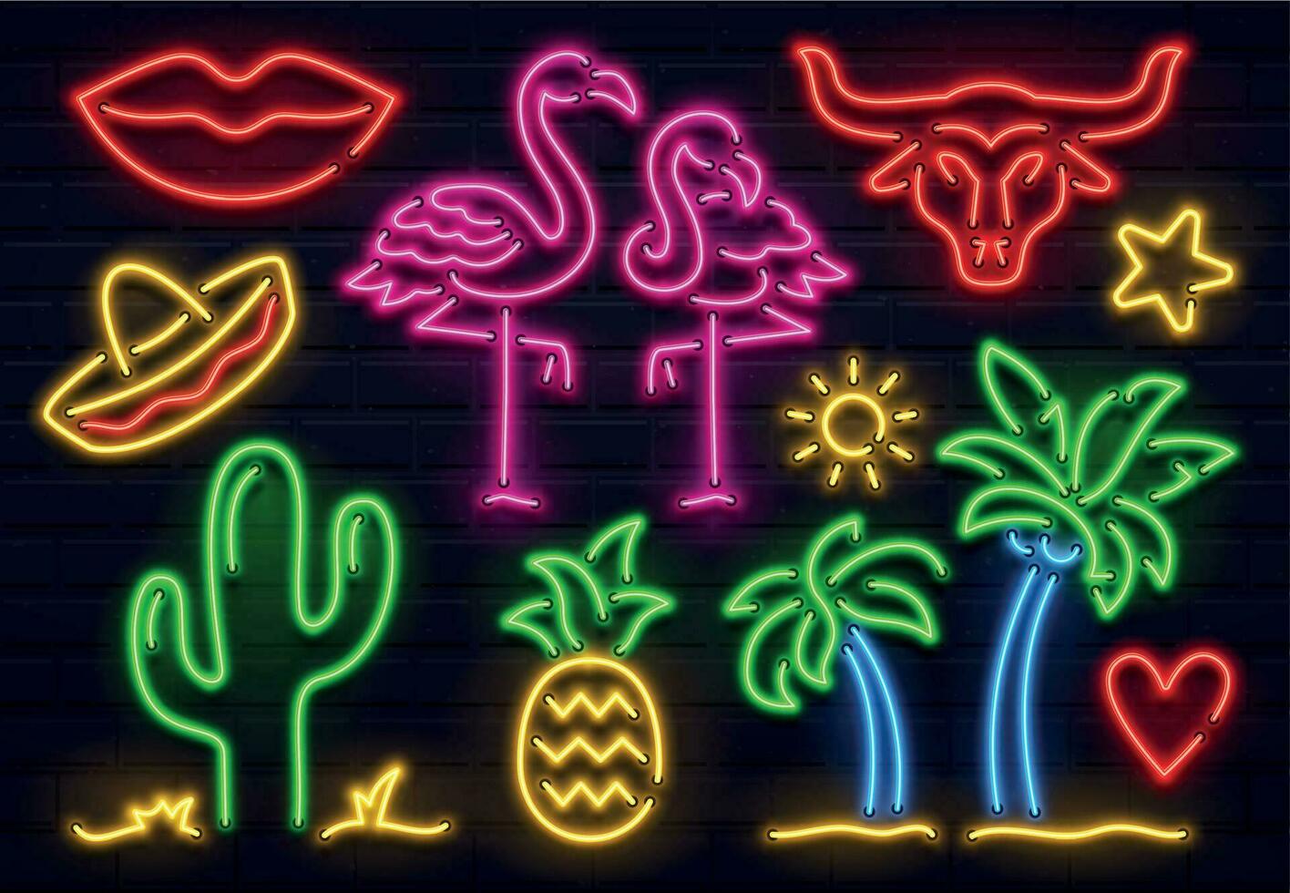 Retro fashion neon sign. Glowing fluorescent cactus, pink flamingo and bull signs. Bright palm, sombrero and pineapple vector set