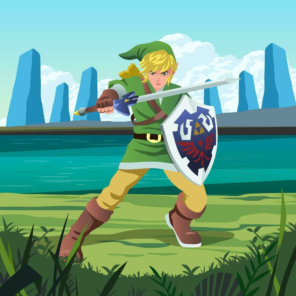 Knight in Green Costume Holding Sword vector