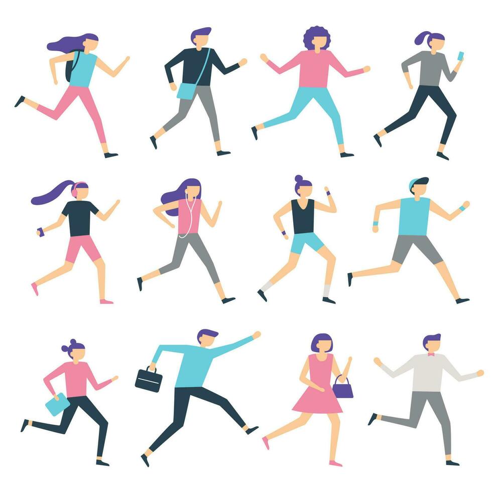 Running people. Man and woman run, jogging workout and athletic sport runners. Sports exercising isolated flat vector illustration