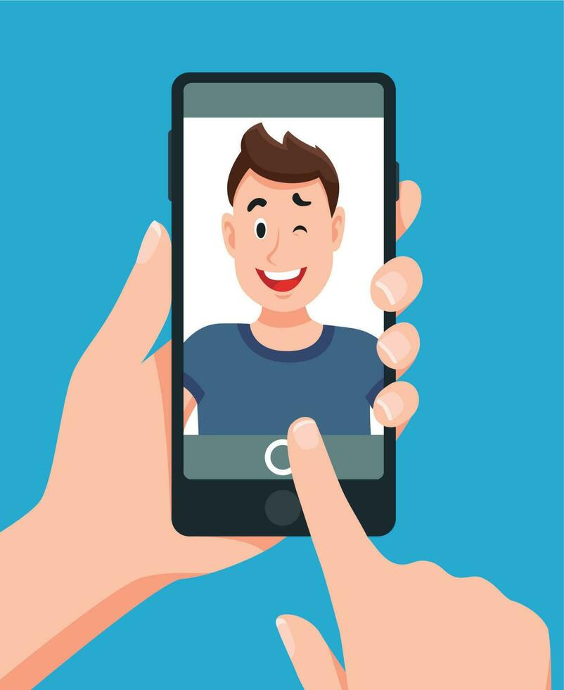 hombre tomando teléfono inteligente selfie retrato. conmovedor teléfono foto dibujos animados vector ilustración