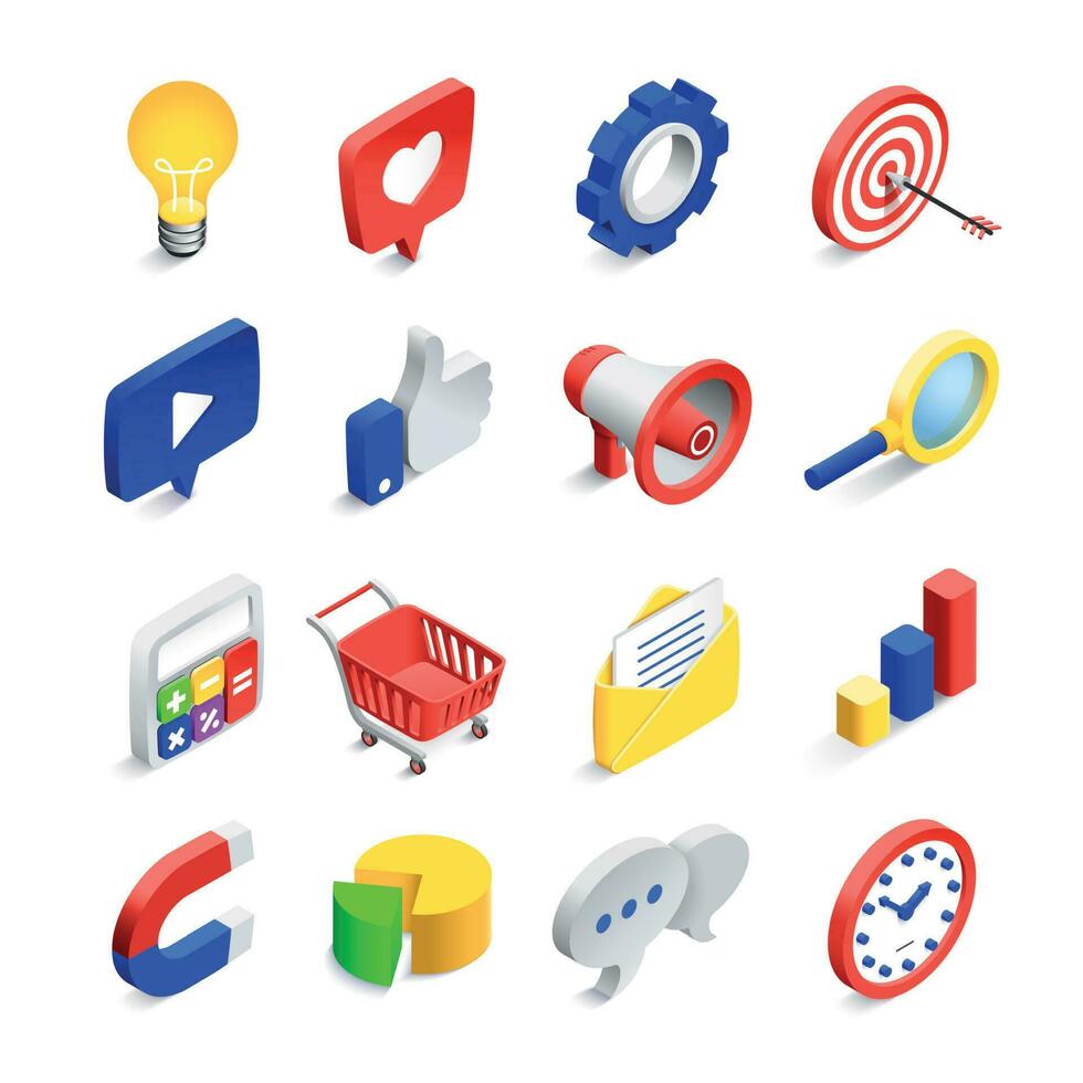 3d social marketing icons. Isometric web seo likes sign, business mail network and website search button vector icon collection