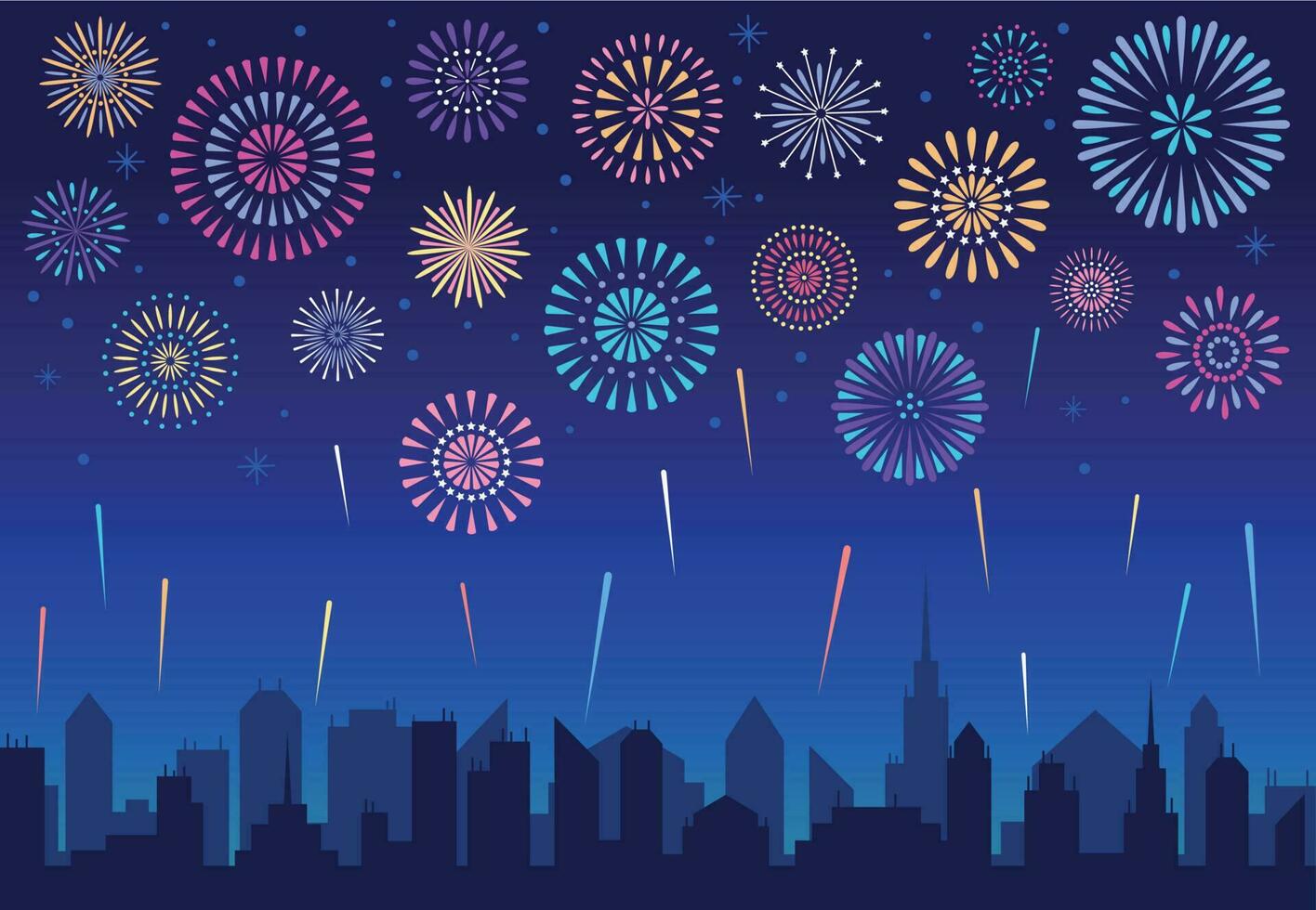 Night city fireworks. Holiday celebration firework, celebrated festive firecracker over town silhouette vector background