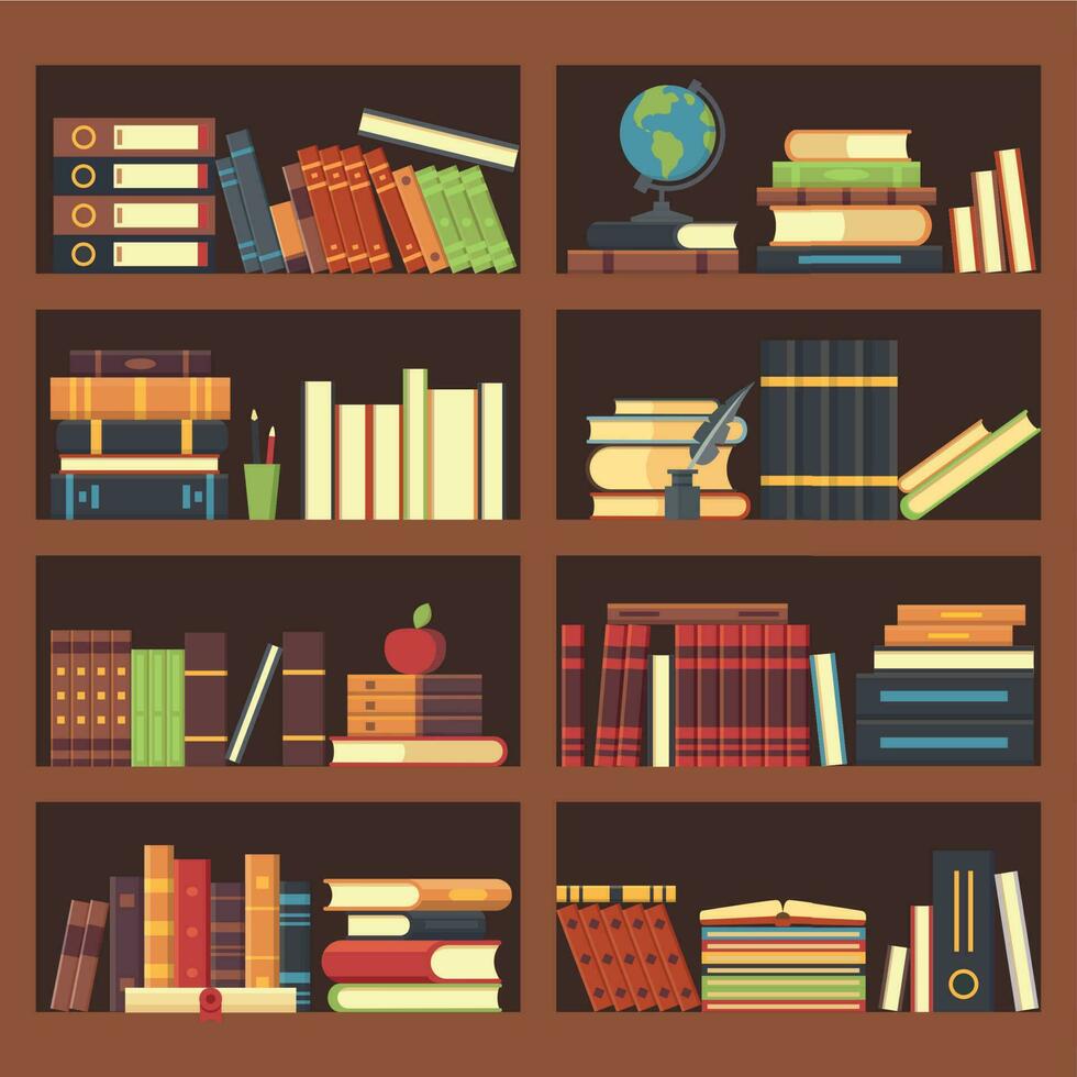 Books in library bookcase. Encyclopedia book at bookshelf. Pile textbooks and magazines at bookshelves vector background illustration