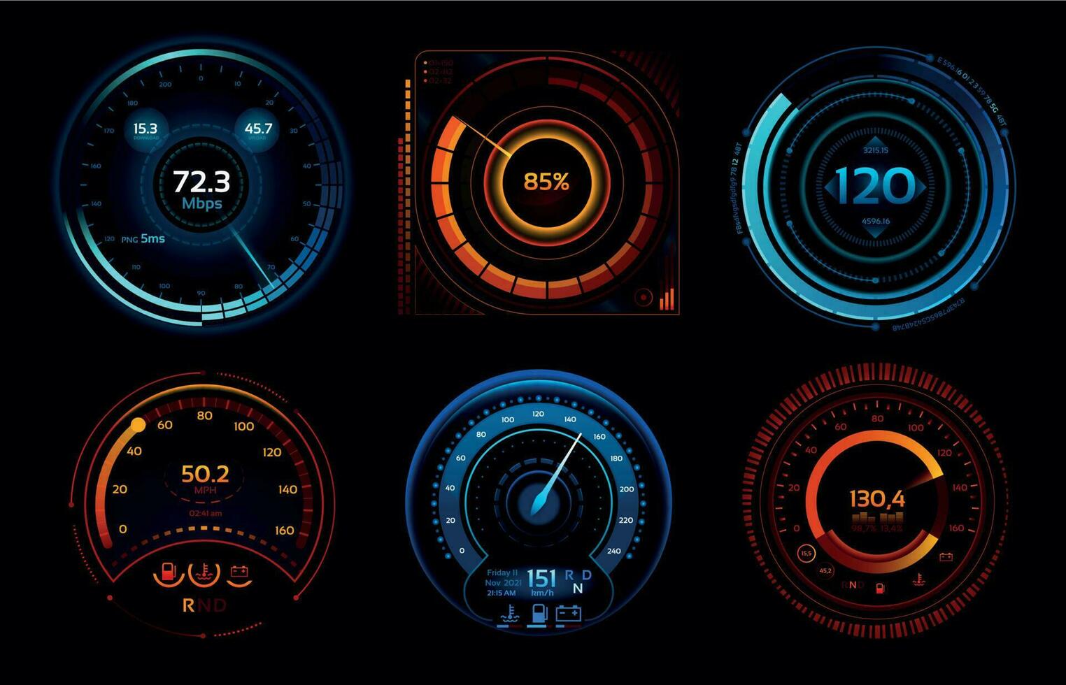 Speedometer indicators. Power meters, fast or slow internet connection speed meter stages vector concept