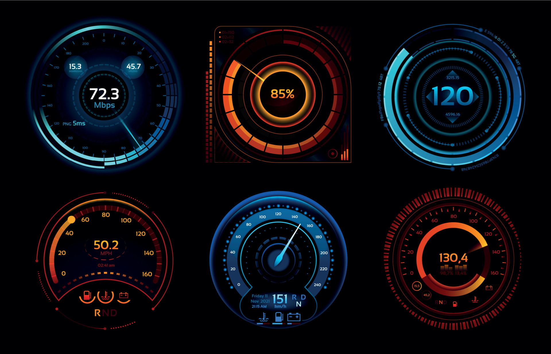 Speedometer indicators. Power meters, fast or slow connection