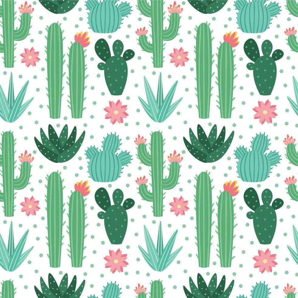 Seamless cactus pattern. Exotic desert cacti houseplants, repeating cactuses vector background