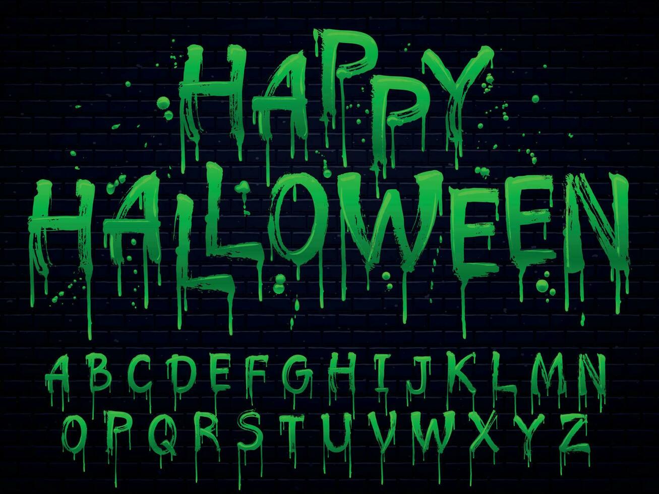 Green slime font. Halloween toxic waste letters, scary horror greens goo sign and splash liquid slimes vector isolated set