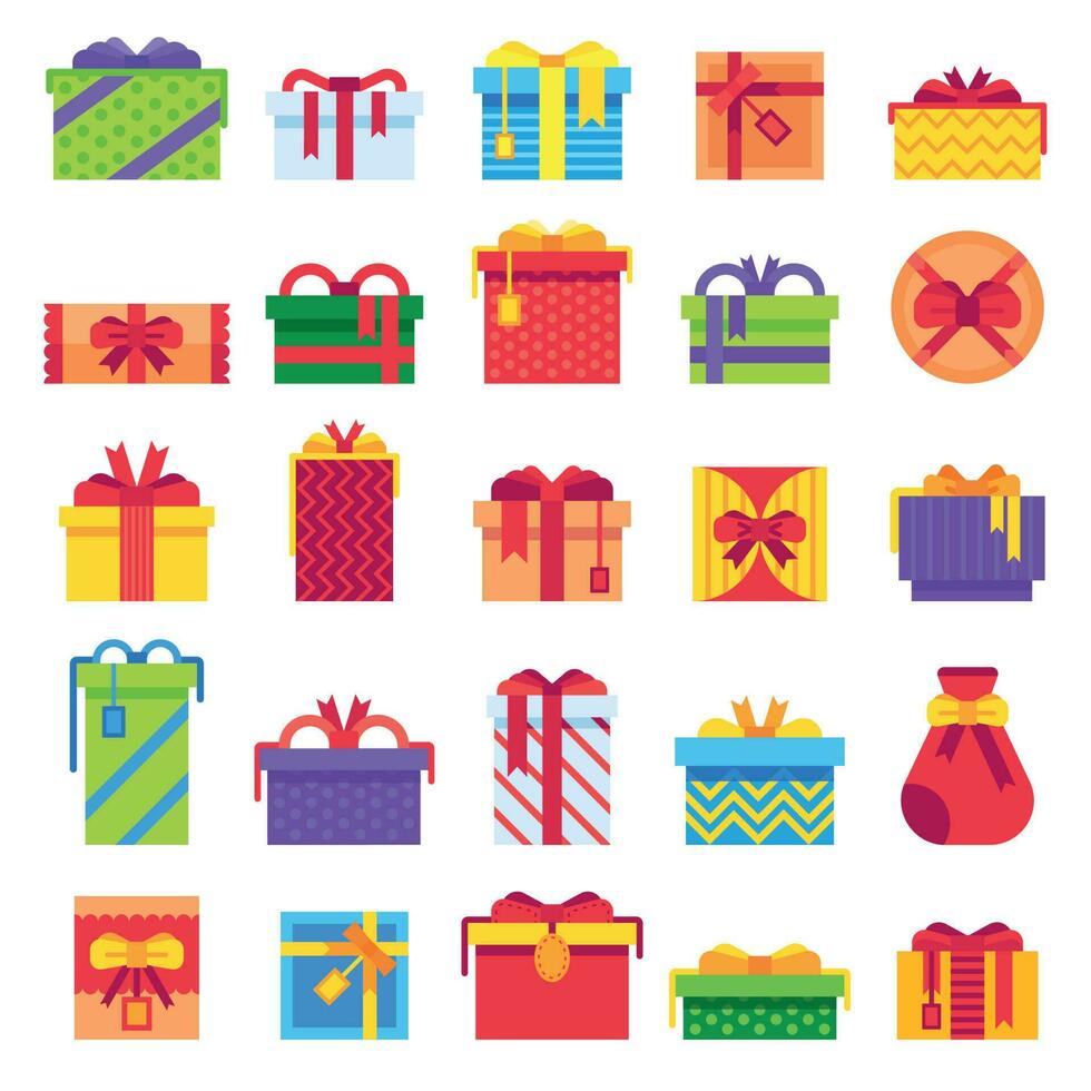 Flat Christmas Gifts. Winter holiday surprise present in gift box. Xmas presents isolated vector flat illustration set