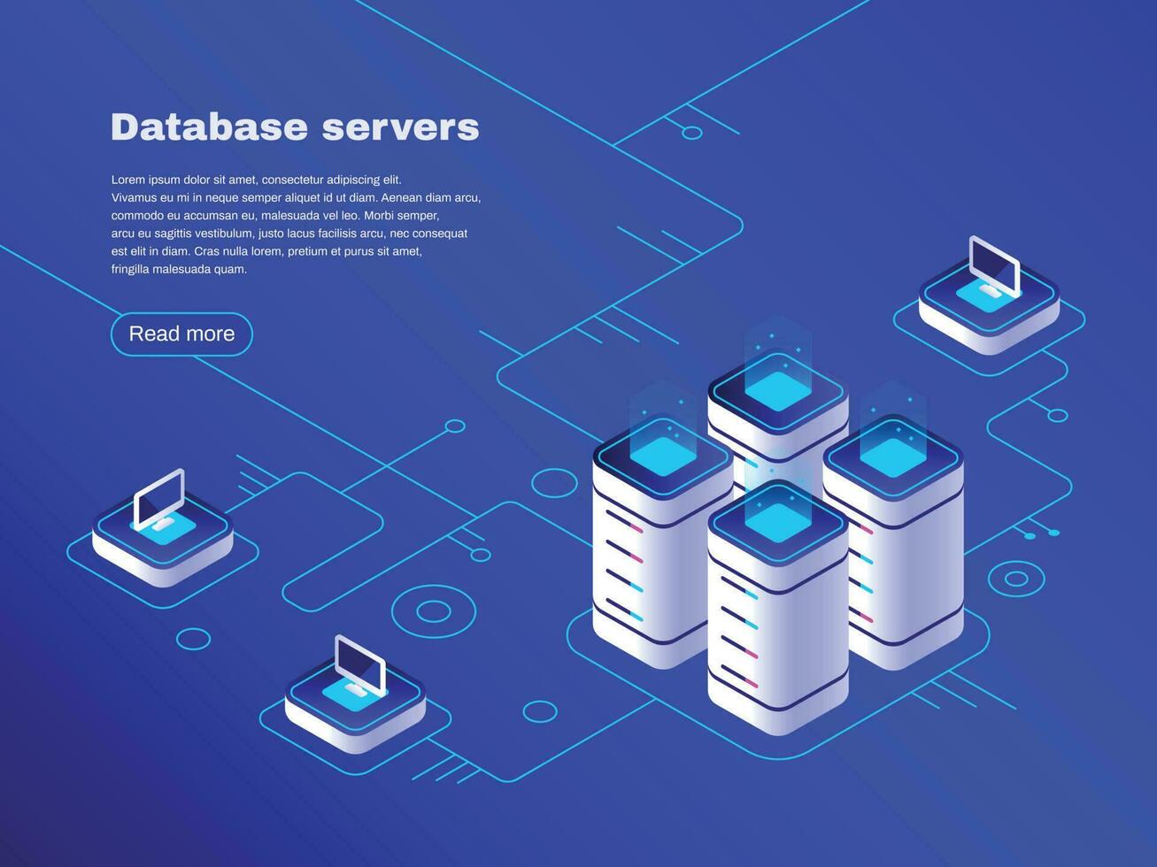 Database servers. Digital datacenter server network. Hosting tech support. Online cloud storage vector isometric illustration