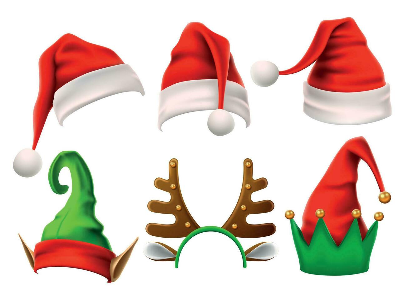 Christmas holiday hat. Funny 3d elf, snow reindeer and Santa Claus hats for noel. Elves clothes isolated vector set