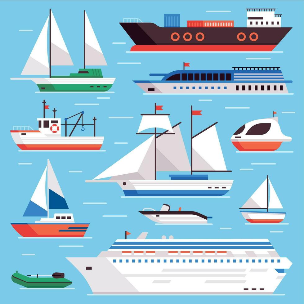 Flat sea ships. Marine shipping sailing boat, ocean cruise liner and icebreaker ship vector set