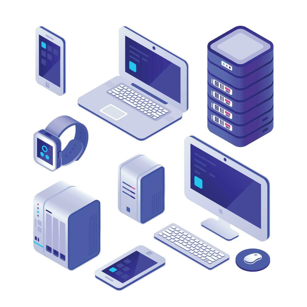 móvil dispositivos isométrica colocar. computadora, servidor y computadora portátil, teléfono inteligente nube base de datos sistema vector 3d colección