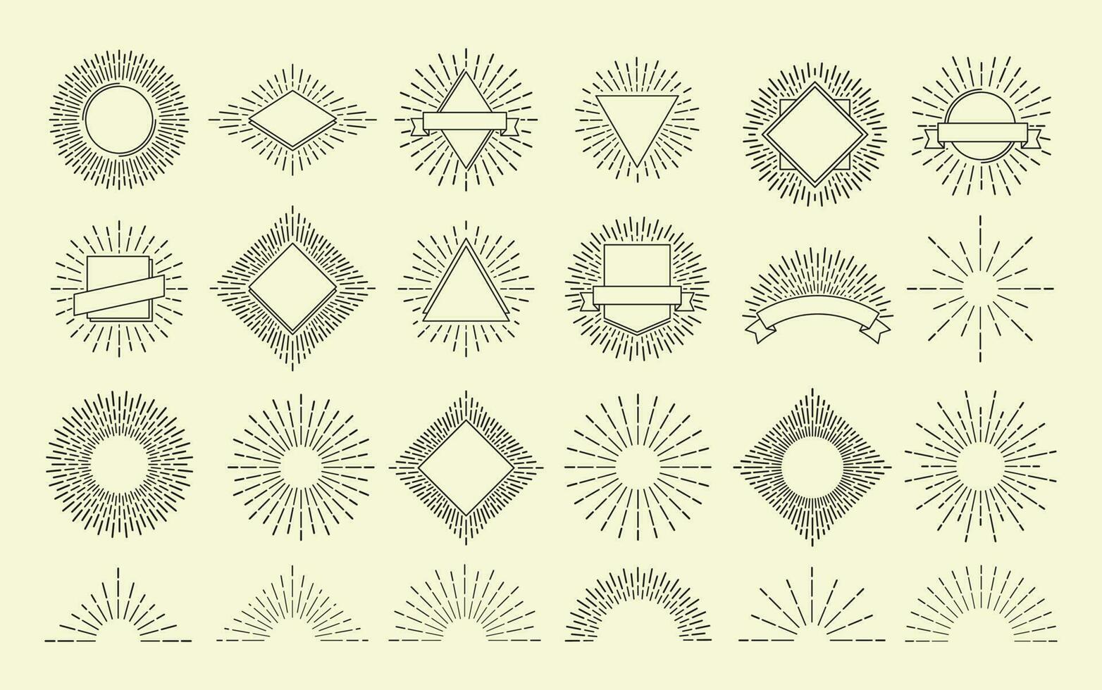 Sunburst set. Vintage burst radial emblem. Sunrise explosion frames. Sunshine vector hipster graphic isolated
