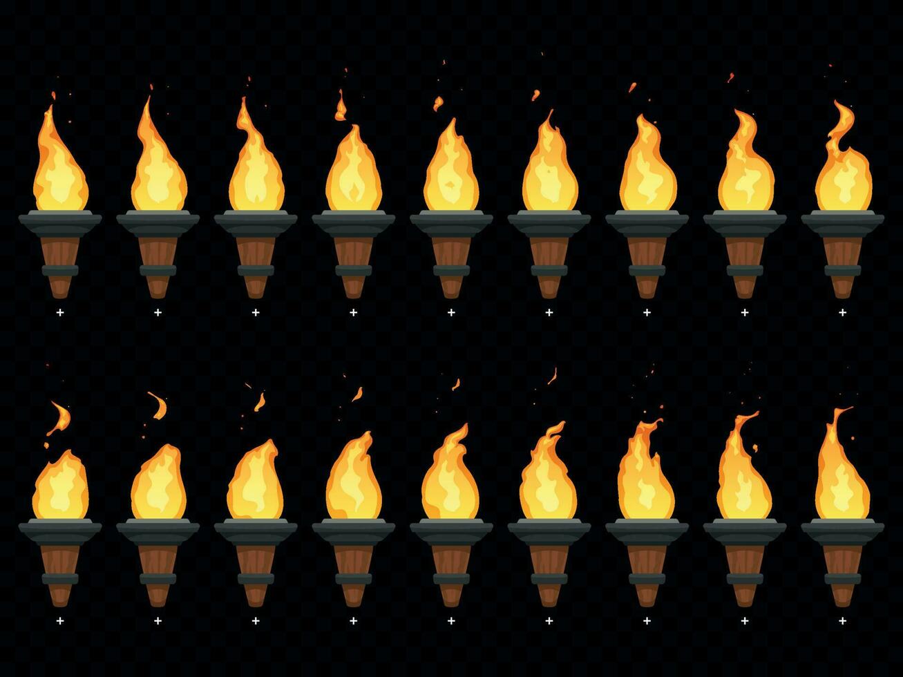 Torch fire animation. Burning cresset, flames on torches and flambeau animated loop sequence isolated vector set