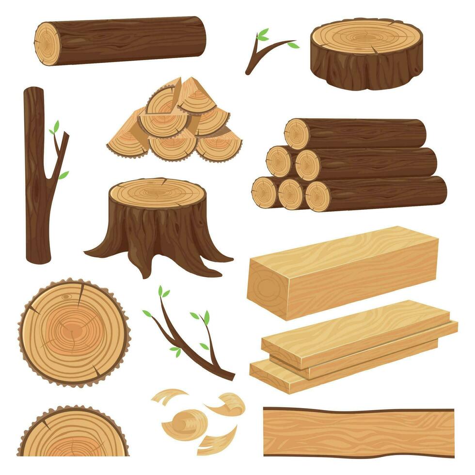 madera bañador. apilado Tablas de madera material, maletero ramita y leña Inicio sesión leña menuda. árbol tocón, antiguo de madera tablón aislado dibujos animados vector conjunto