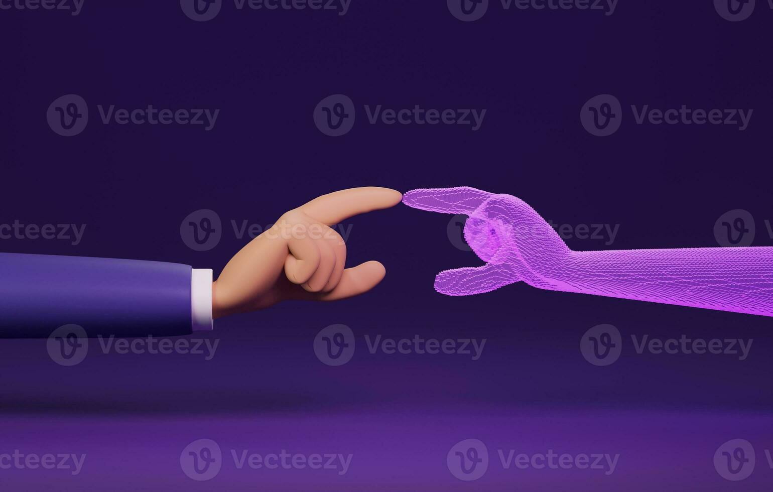 Human hand touch and AI about to touch fingers link between people and artificial intelligence. 3d rendering, 3d illustration photo