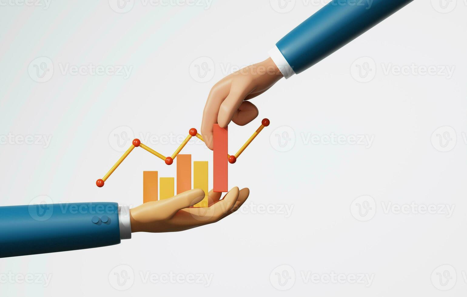 Businessman hand putting financial chart statistic graph on white background. 3d rendering,3d illustration photo
