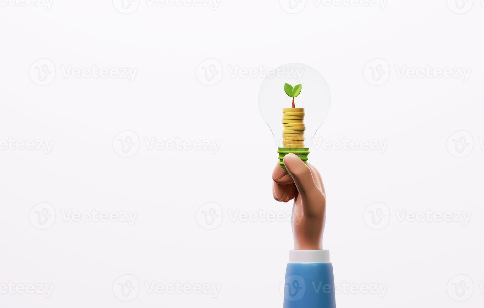 Hand holding plants in bulbs growing on stacks of coins. 3d rendering,3d illustration photo