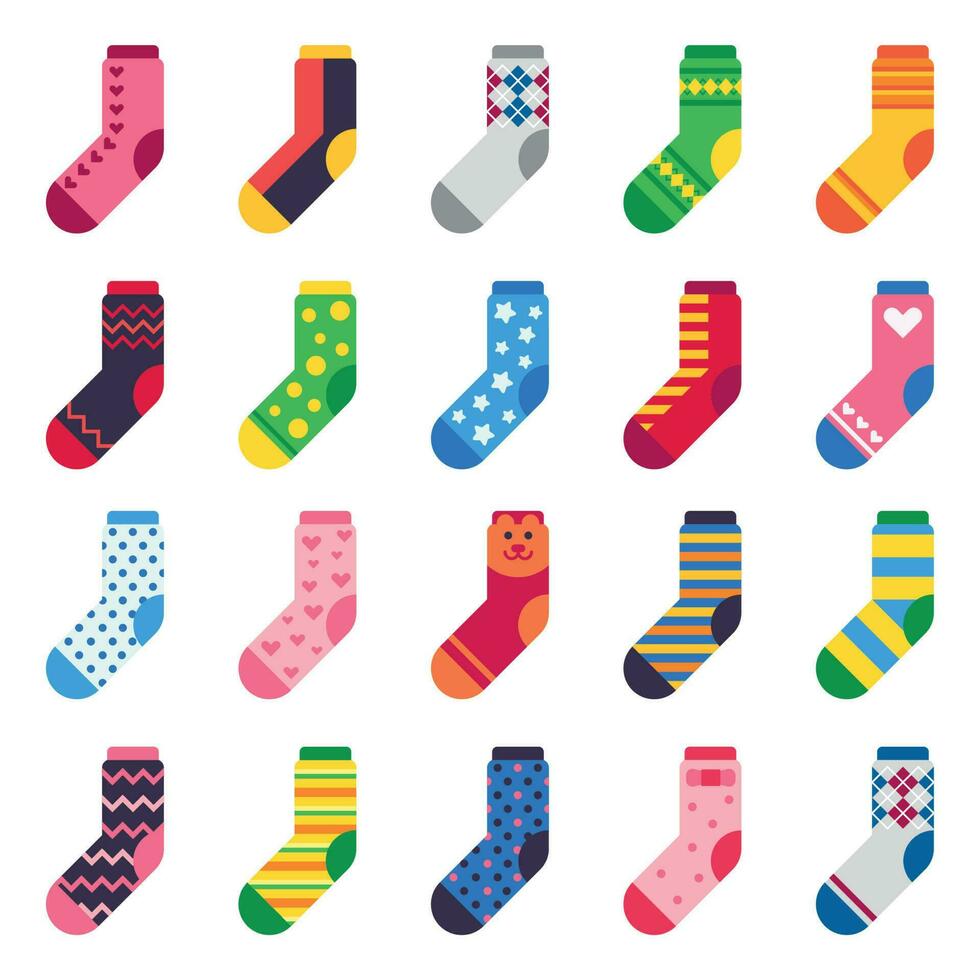 Flat socks. Long sock for child feet, elastic colorful fabric and striped warm kids ankle clothes vector icons set