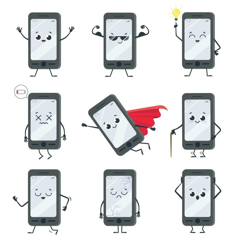 Cartoon smartphone character. Mobile phone mascot with hands, legs and smiling face on display. Happy smartphones vector concept set