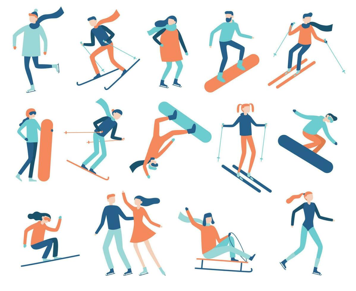 Winter sport people. Sportsman on snowboard, skis or ice skates. Snowboarding, skiing and skating sports isolated flat vector set