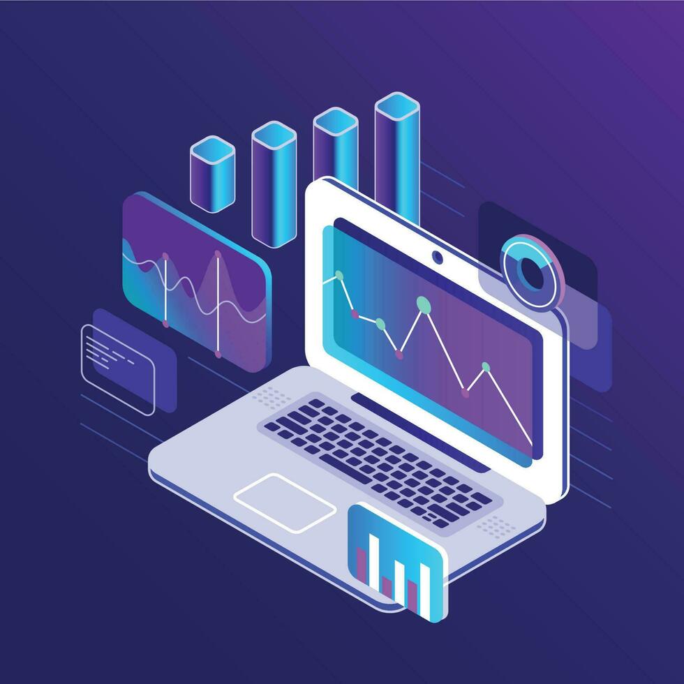 Finanzas mercado análisis isométrica 3d cartas en negocio ordenador portátil. analítico reporte con infografía datos gráfico vector plano ilustración