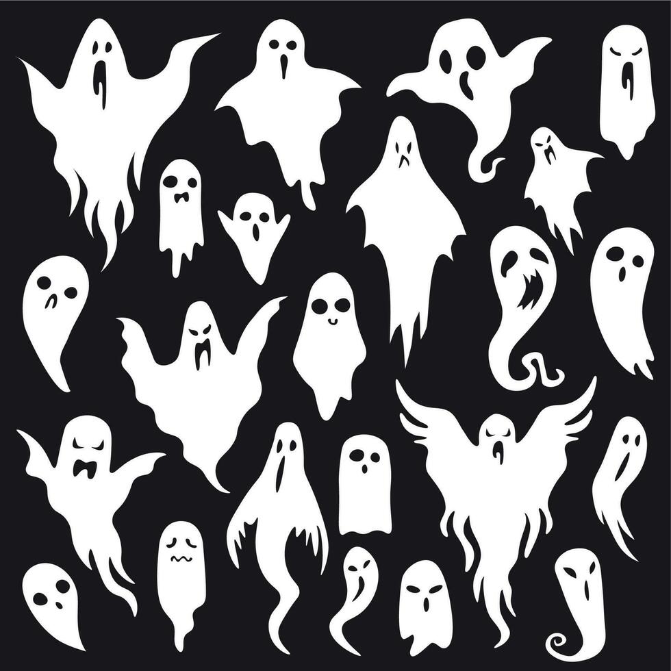 Víspera de Todos los Santos fantasmas fantasmal monstruo con abucheo de miedo rostro. escalofriante fantasma plano vector icono conjunto