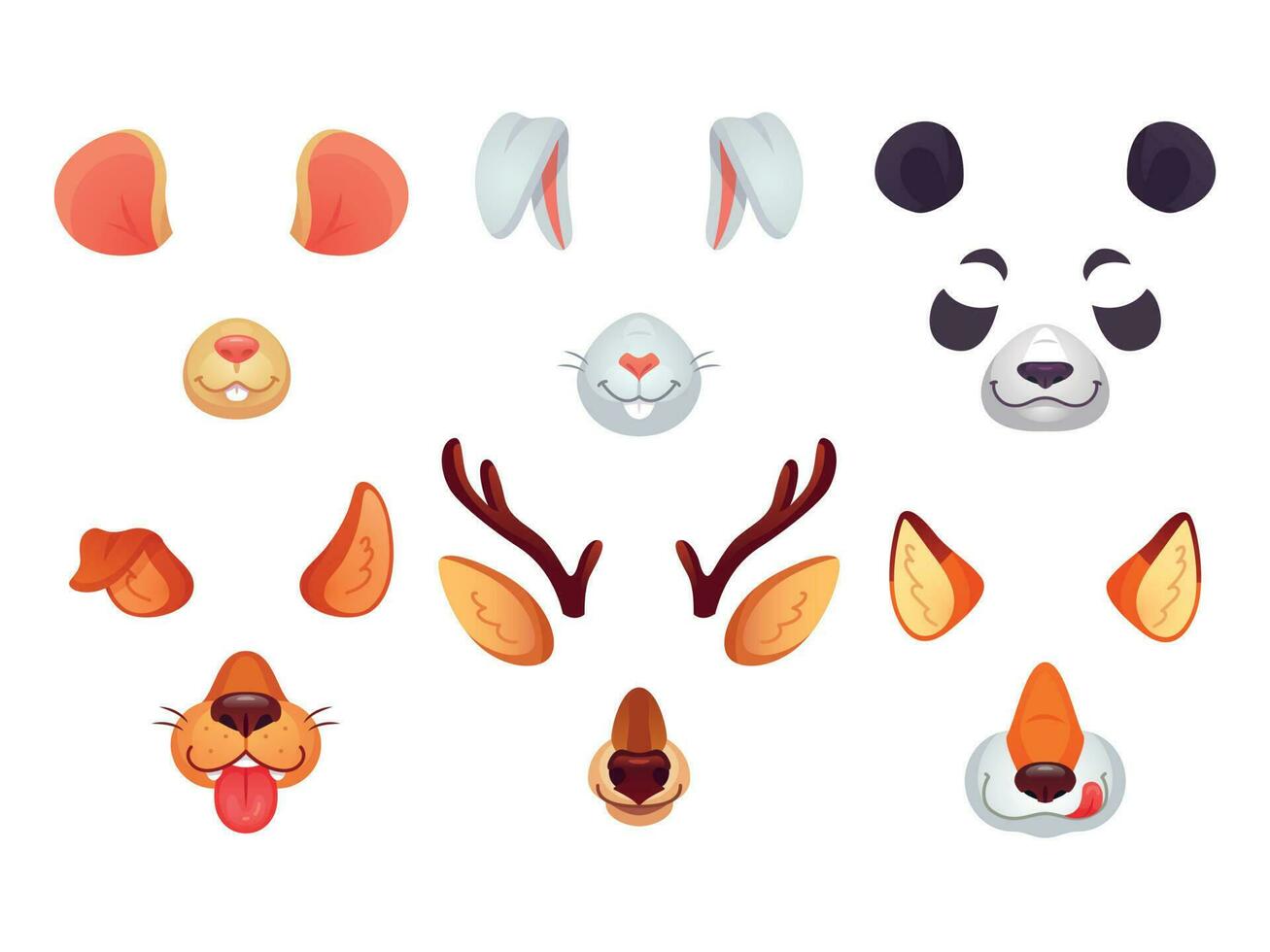 Cartoon phone masks. Funny animals ears, tongue and eyes. Brown dog bunny red fox panda bear mouse and deer mask. Animal faces vector set