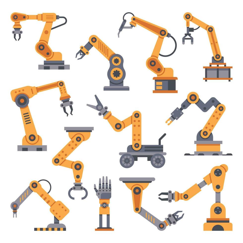 Robotic arms set. Manufacturing automation technology. Industrial robot arm machine. Factory assembly robots flat design vector set