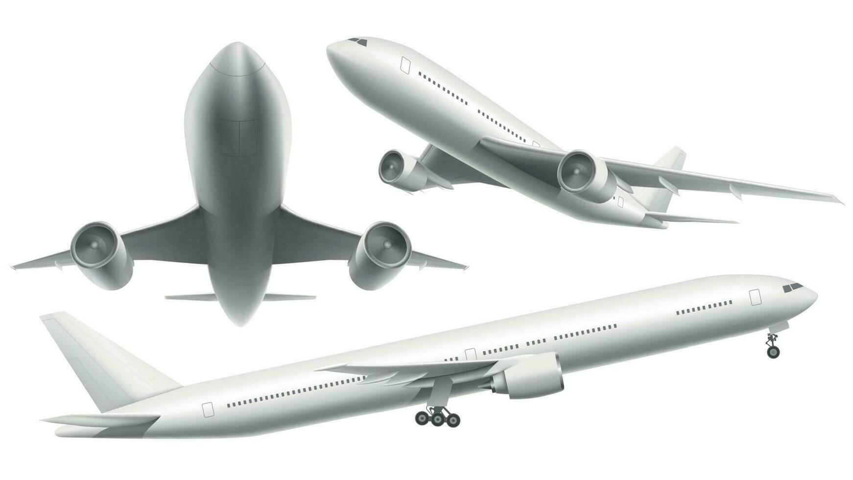 Realistic aircraft. Passenger plane, sky flying aeroplane and airplane in different views isolated vector illustration