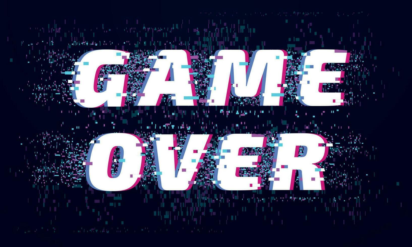 Game over. Games screen glitch, computer video gaming phrase and playing final level death screen with distorted text vector background