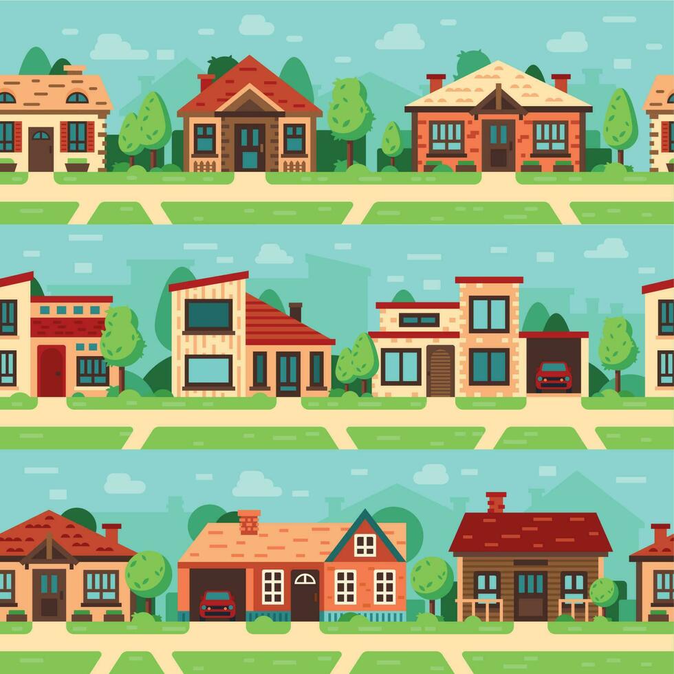 Seamless suburban houses. Panoramic cityscape with house exterior, buildings and town road flat vector background set